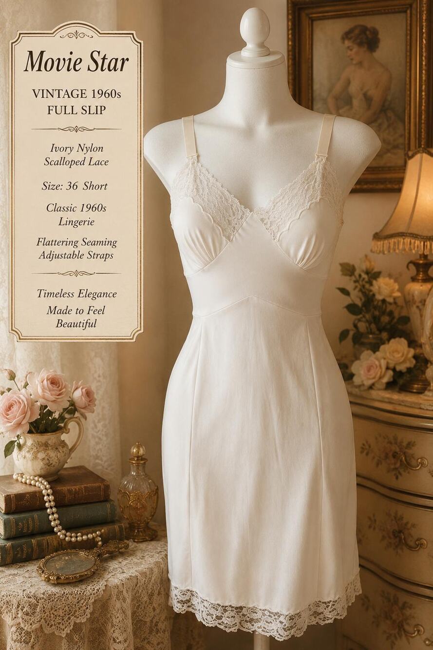 Vintage 1960s Movie Star Full Slip | Ivory Nylon Scalloped Lace | Size 36 Short